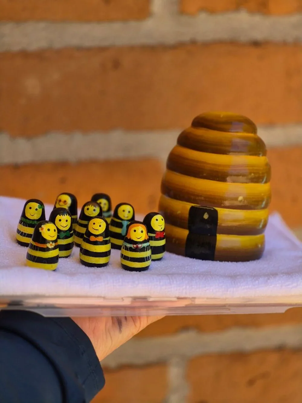 Hand Painted Ten Wooden Nesting Bees with Bee Hive